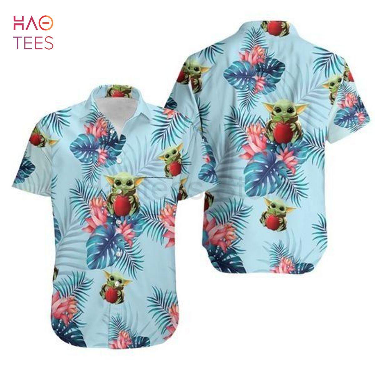 Baby Yoda Hugging Apples Seamless Tropical Colorful Flowers Blue Leaves On Blue Hawaiian Shirt