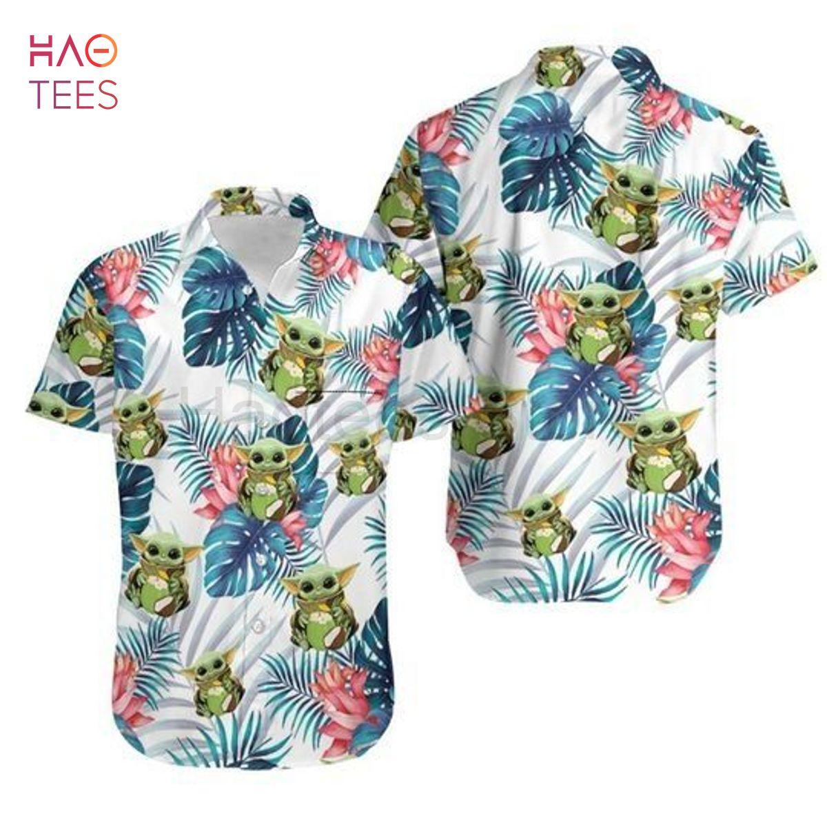 Baby Yoda Hugging Coconuts Seamless Tropical Blue Leaves Colorful Flowers On White Hawaiian Shirt