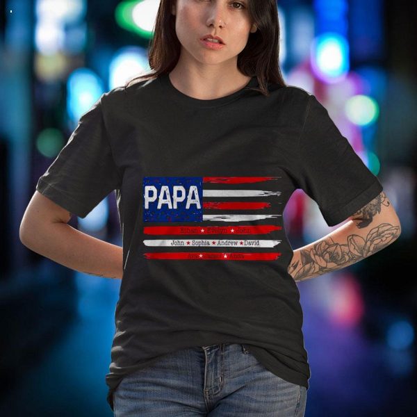 Personalized Papa Flag with grandkids, Happy Father’s Day T-Shirt