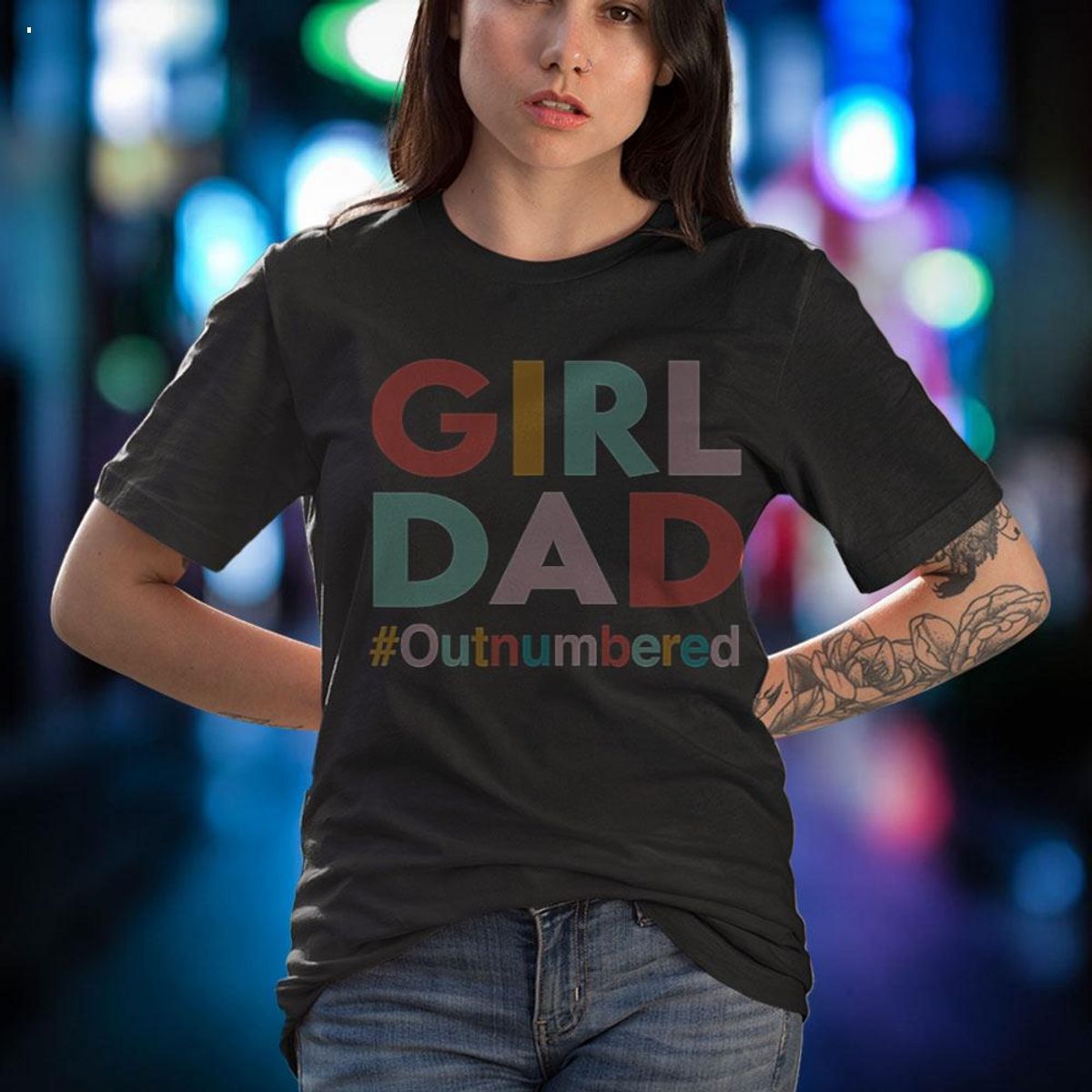 Retro Vintage Girl Dad Outnumbered Funny Fathers Day Shirt