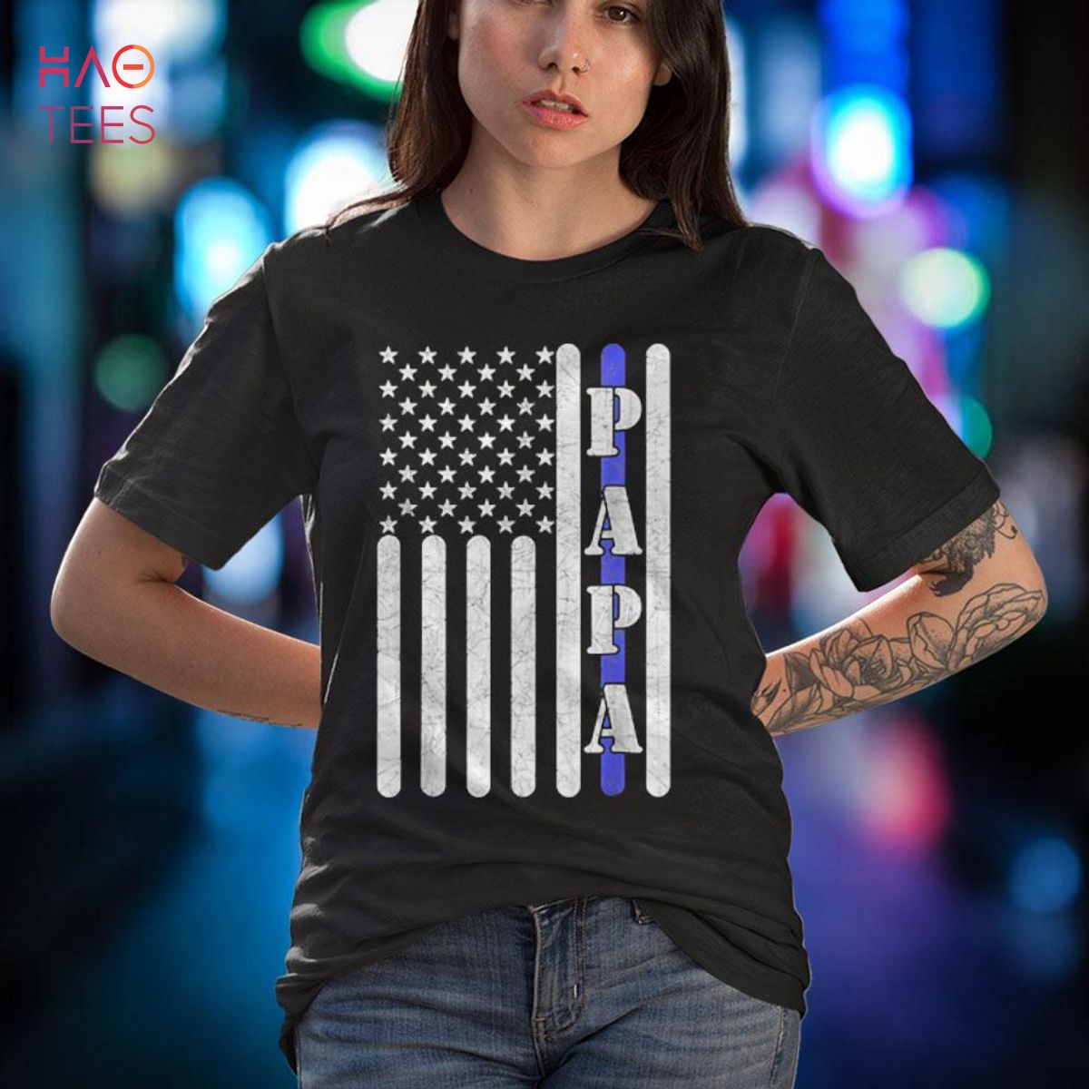 Thin Blue Line Papa Vintage Police American Flag Fathers Day