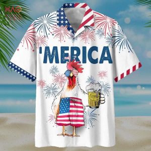 BEST American Flag Rooster Drink Beer Print Hawaiian Shirt
