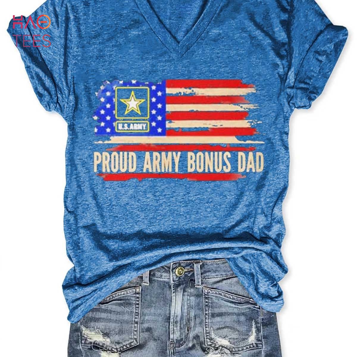 Women's Proud Army Bonus Dad American Flag Veteran Shirt