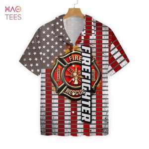 NEW Firefighter Logo And Red American Flag Firefighter Hawaiian Shirt