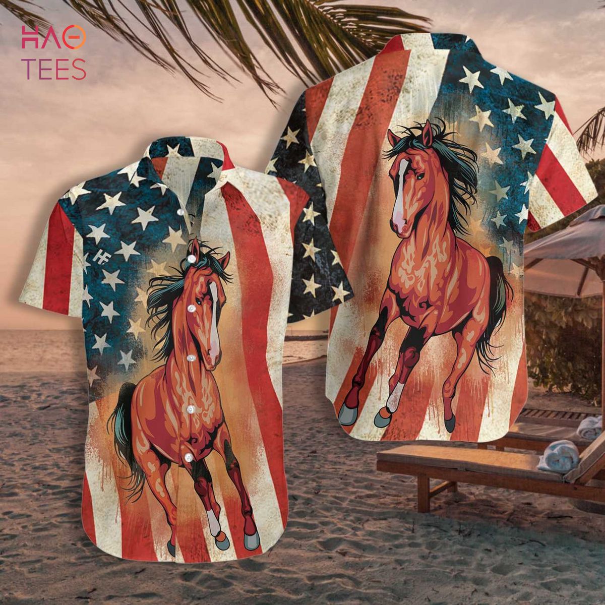 NEW Horse American Flag Hawaiian Shirt