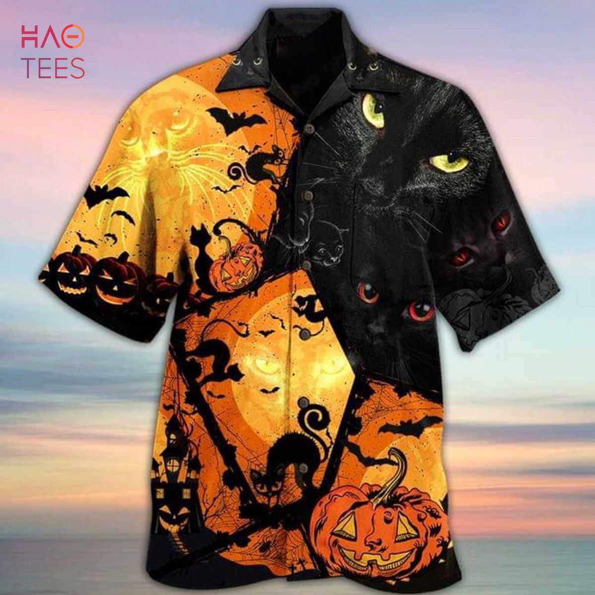 Halloween Black Cat And Pumpkin Print Hawaiian Shirt