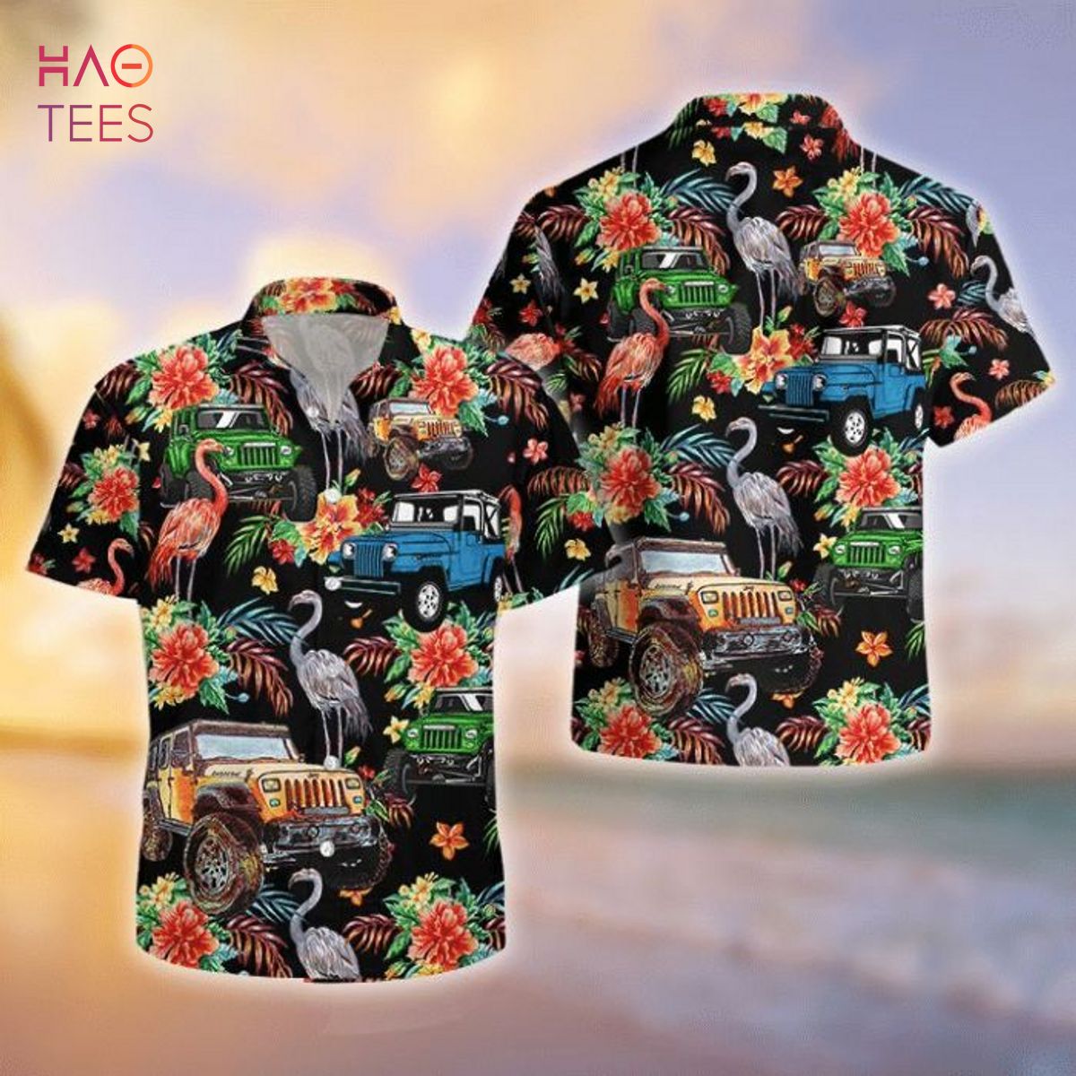 Flamingo Driver Jeep Print Hawaiian Shirt