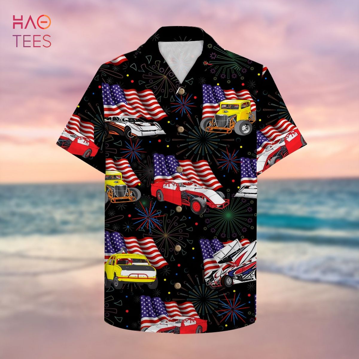 Dirt Track Racing Hawaiian Shirt – Car and Flag Pattern