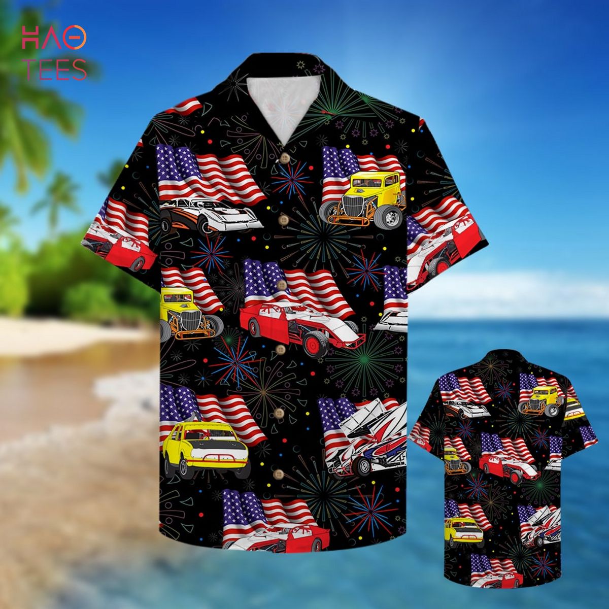 Dirt Track Racing Hawaiian Shirt – Car and Flag Pattern