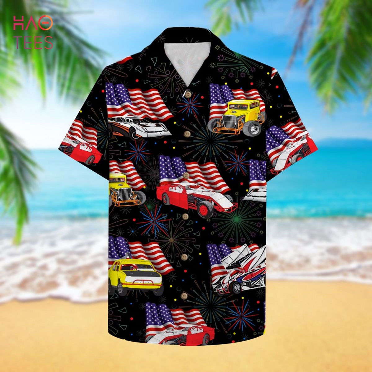 Dirt Track Racing Hawaiian Shirt – Car and Flag Pattern