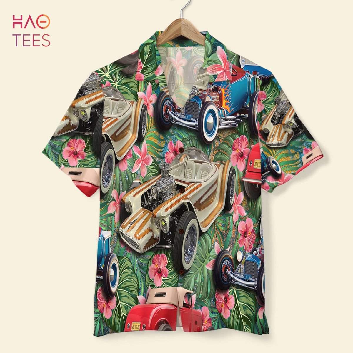 Hot Rod Custom Car Photos with Tropical Pattern, Personalized Hawaiian Shirt