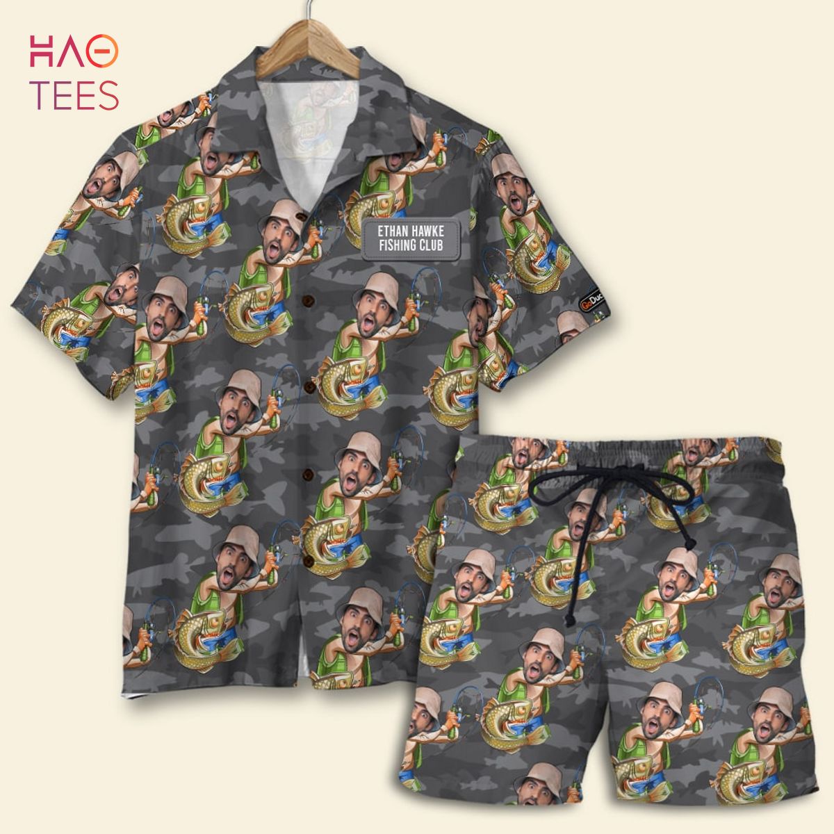Fishing Custom Face Photos Seamless Pattern, Personalized Hawaiian Shirt and Men Beach Shorts