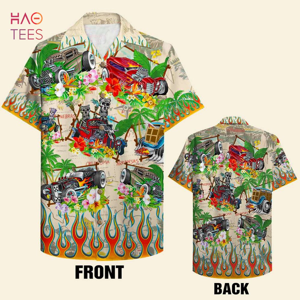 Skull Hot Rod & Palm Tree Pattern Hawaiian Shirt Skull Hot Rod & Palm Tree Pattern Hawaiian Shirt