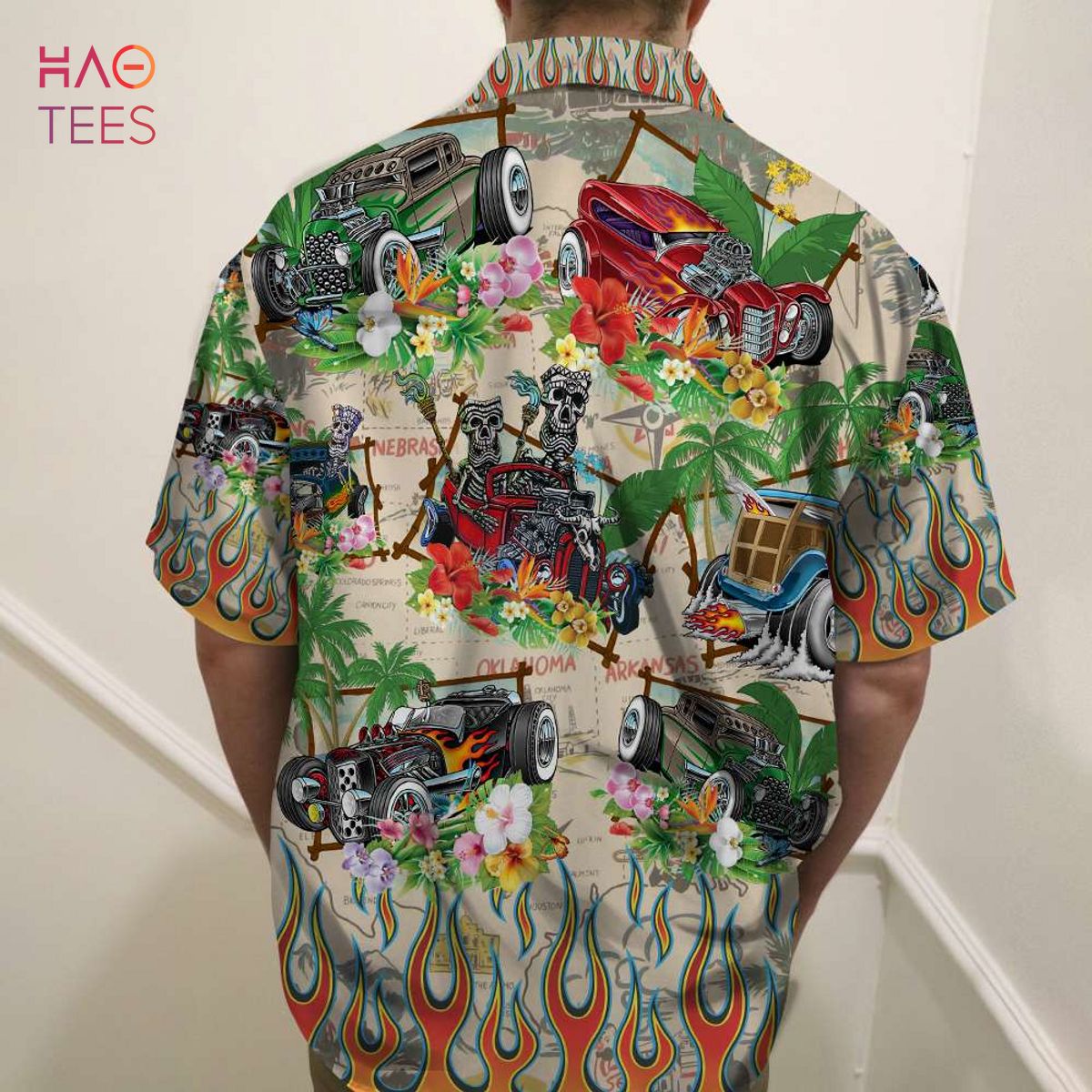 Skull Hot Rod & Palm Tree Pattern Hawaiian Shirt Skull Hot Rod & Palm Tree Pattern Hawaiian Shirt