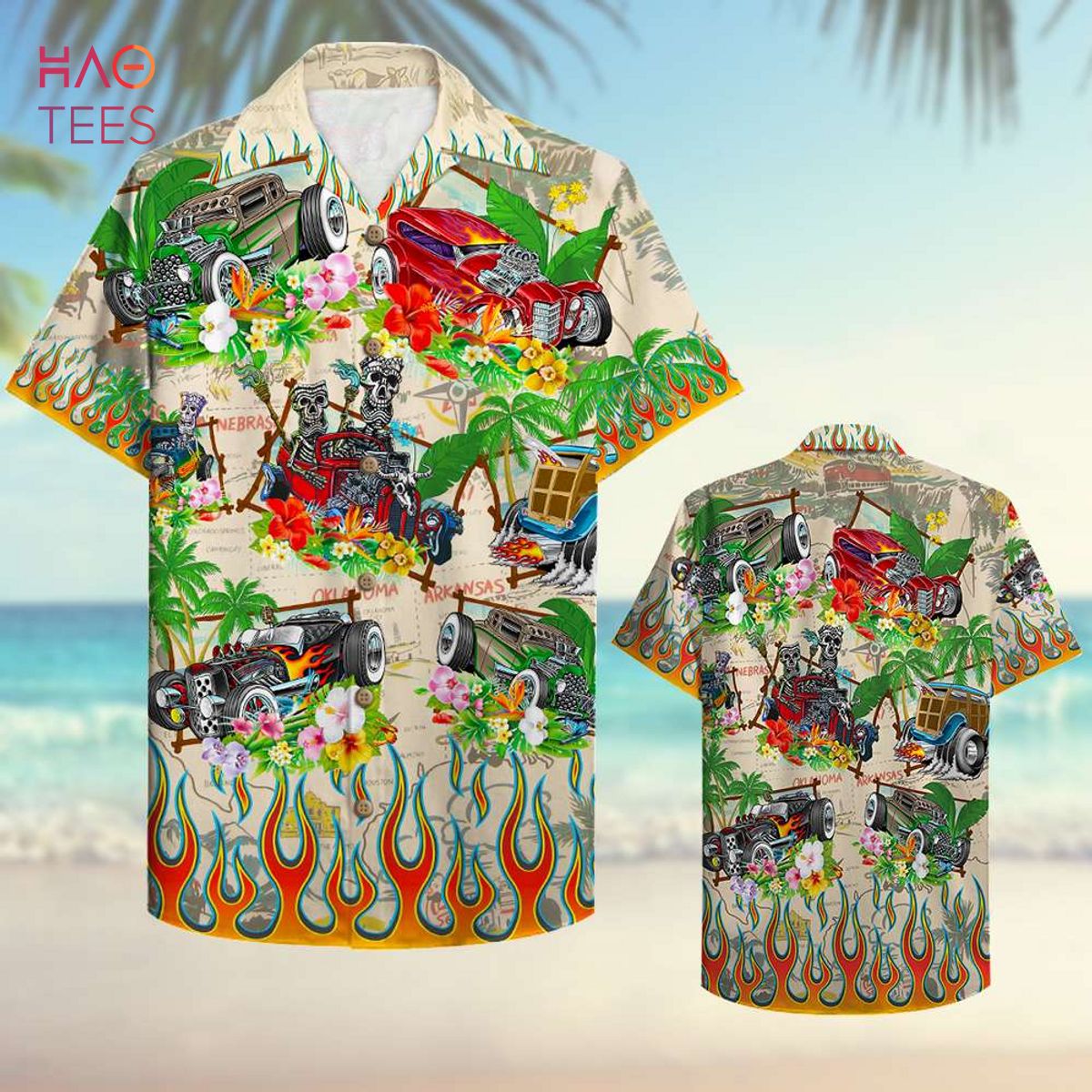 Skull Hot Rod & Palm Tree Pattern Hawaiian Shirt Skull Hot Rod & Palm Tree Pattern Hawaiian Shirt