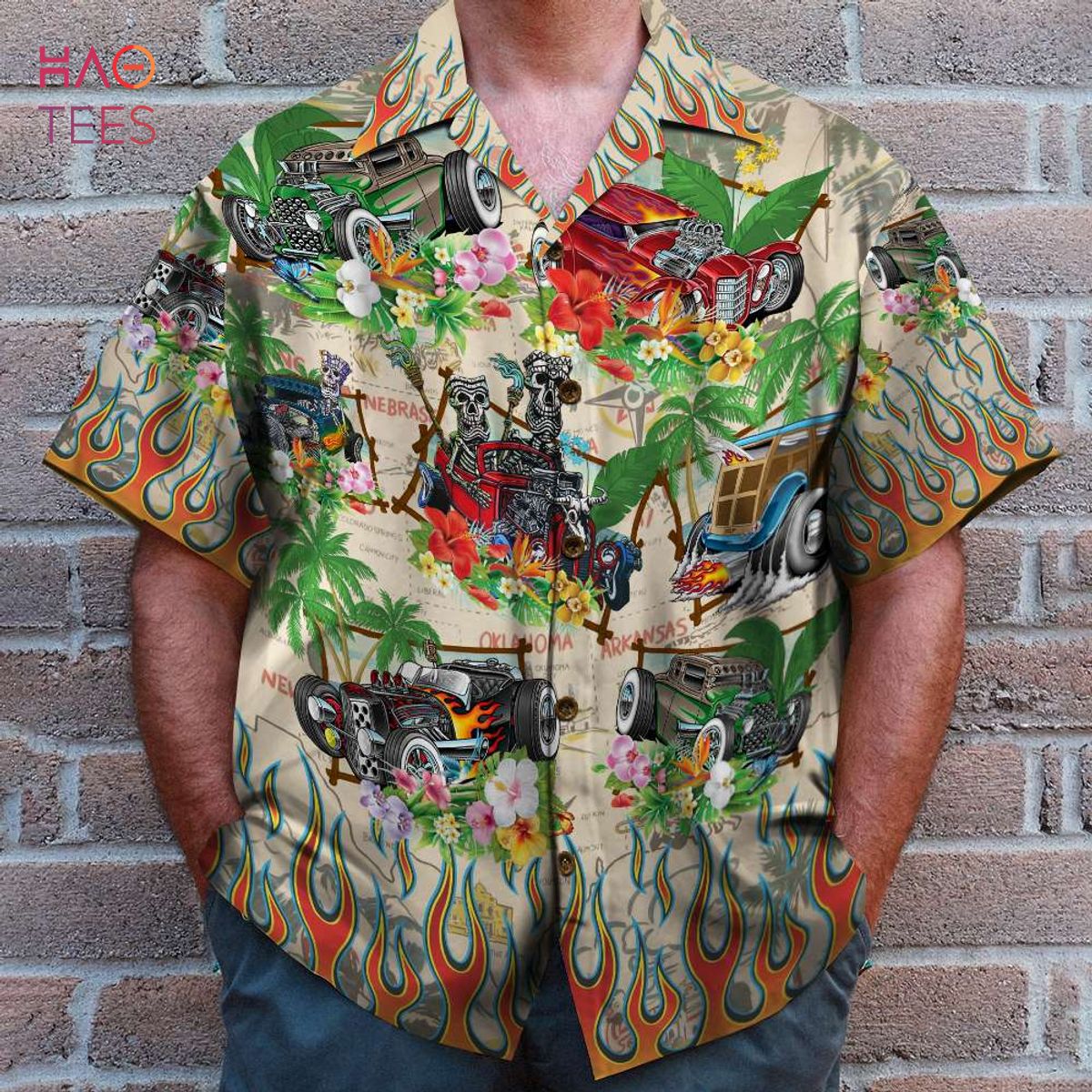 Skull Hot Rod & Palm Tree Pattern Hawaiian Shirt Skull Hot Rod & Palm Tree Pattern Hawaiian Shirt