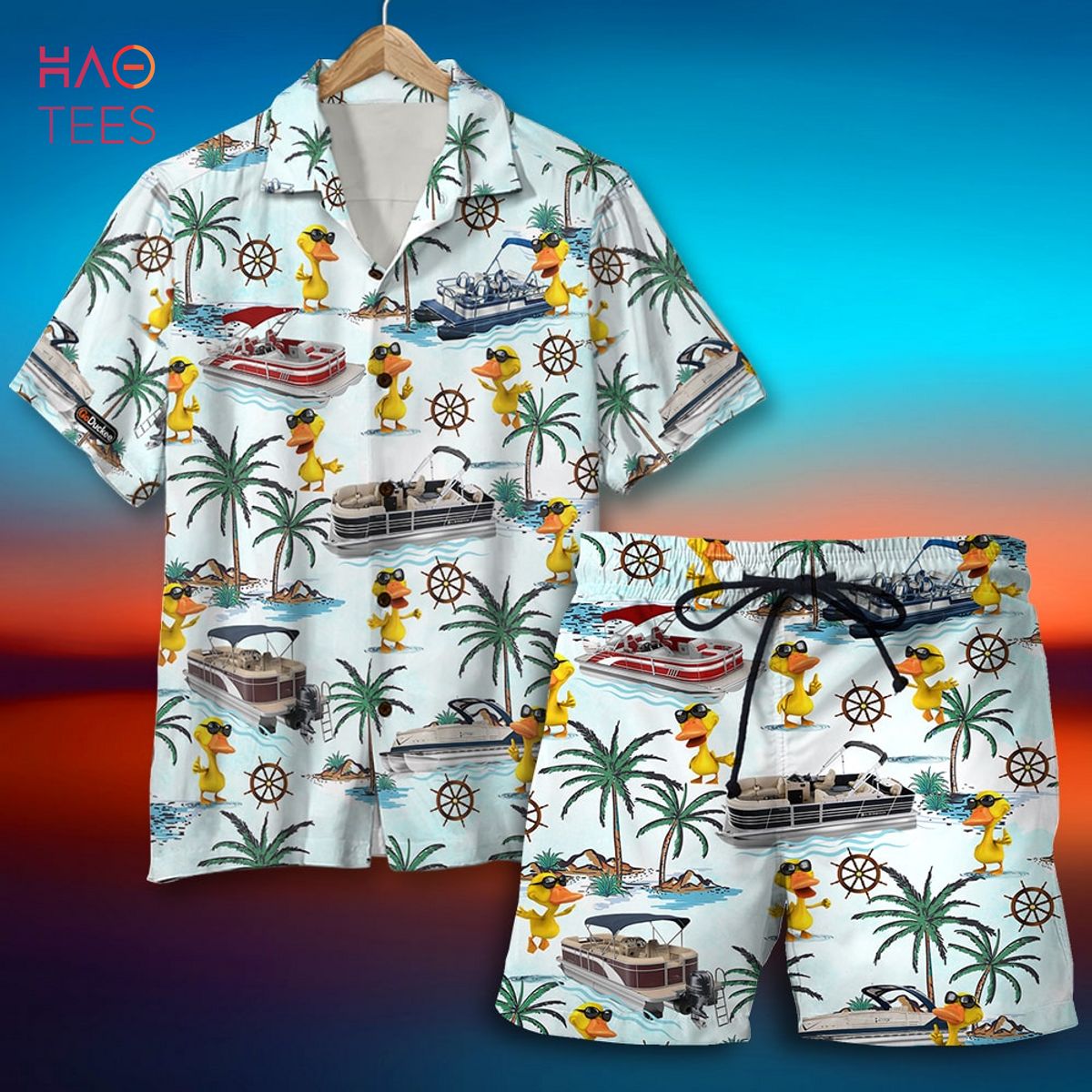 Palm Tree Pattern Pontoon Duck Hawaiian Shirt & Men Beach Shorts