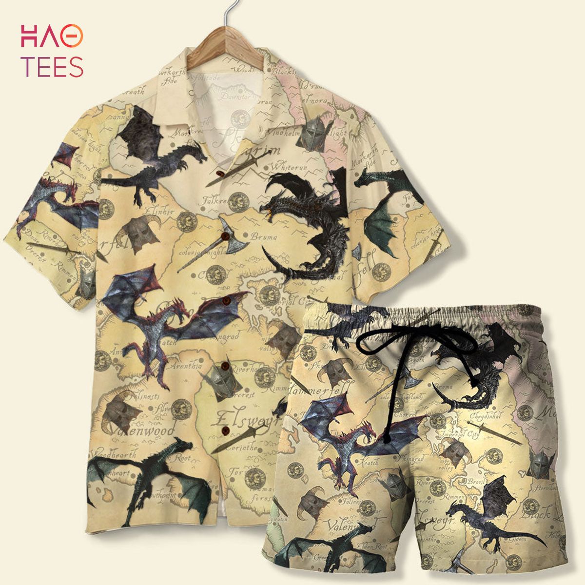 Skyrim The Game with Dragons and Old Tamriel Map Pattern Hawaiian Shirt