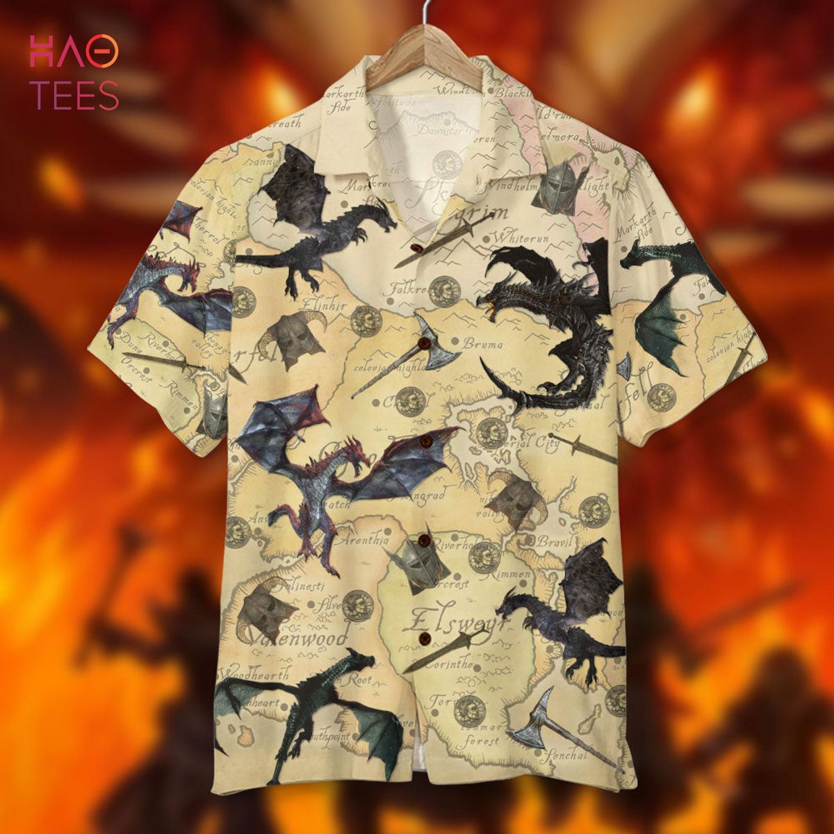 Skyrim The Game with Dragons and Old Tamriel Map Pattern Hawaiian Shirt
