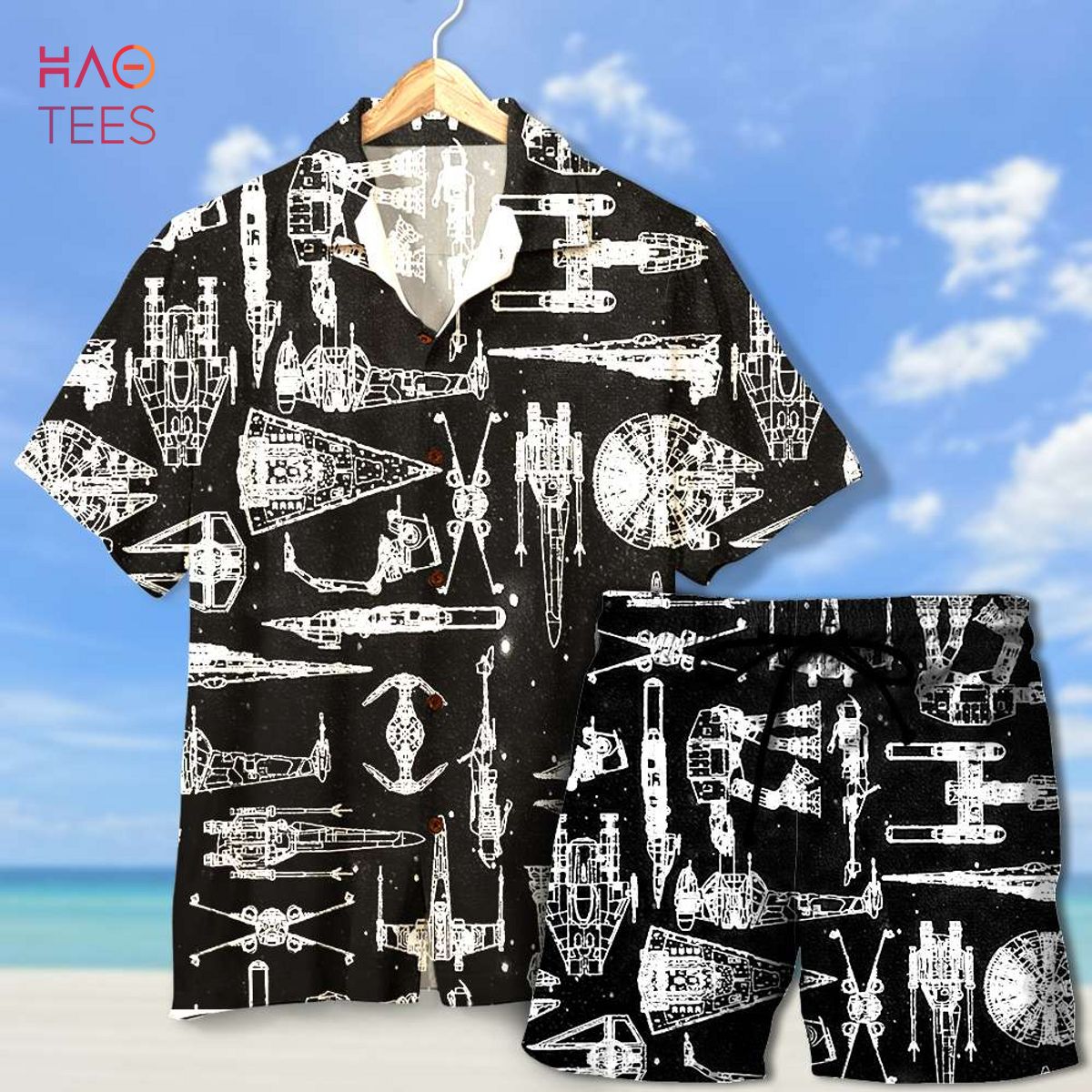 Spaceship Pattern Hawaiian Shirt & Men’s Beach Shorts