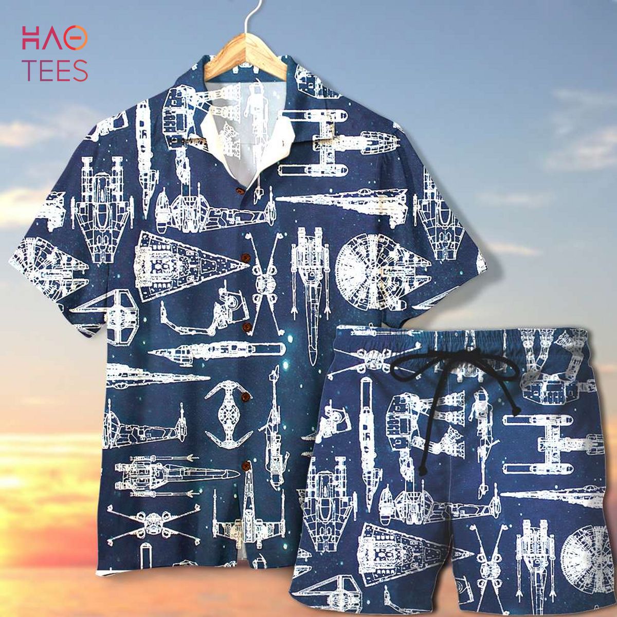 Spaceship Pattern Hawaiian Shirt & Men’s Beach Shorts