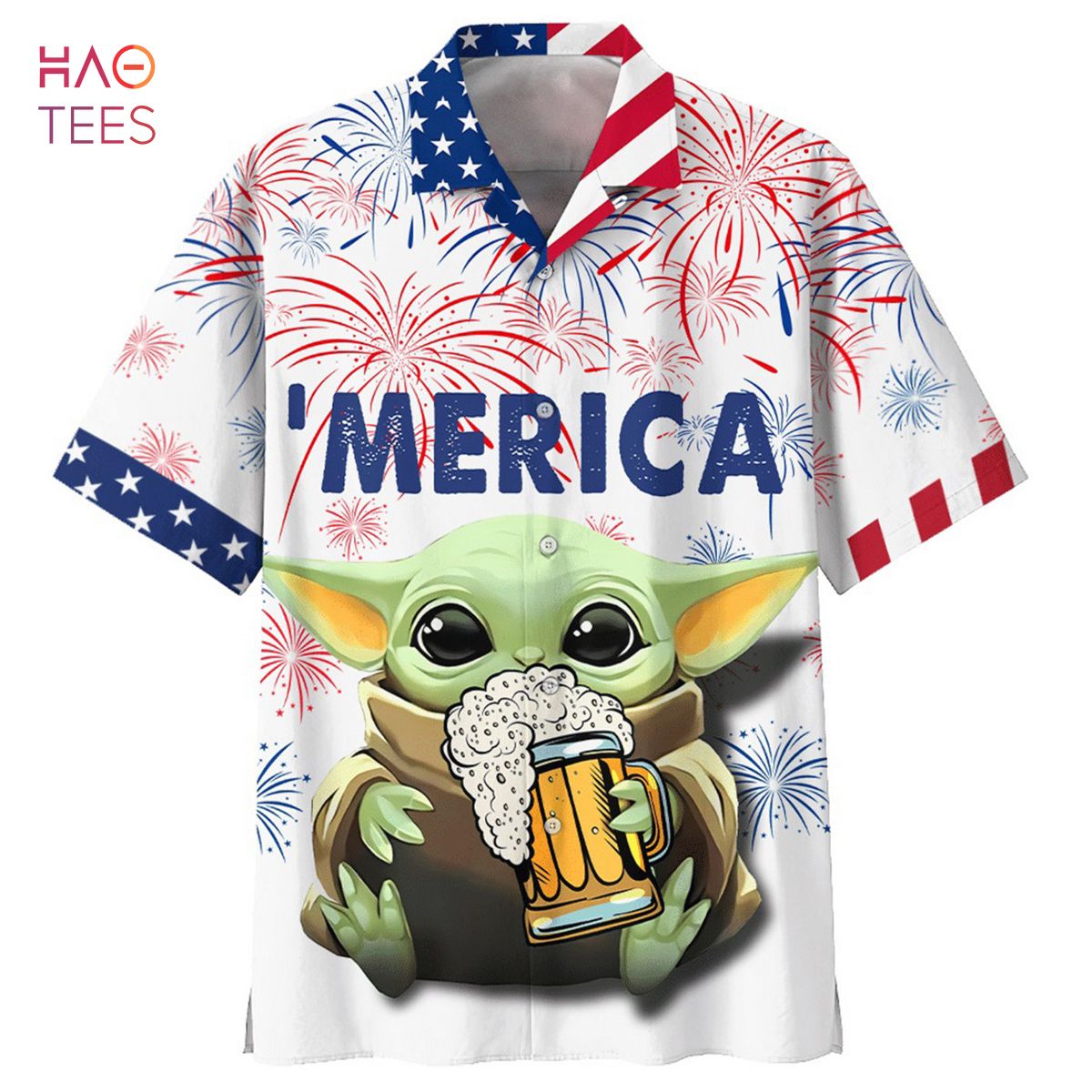 Baby Yoda With Beer ?Merica Hawaiian Shirt