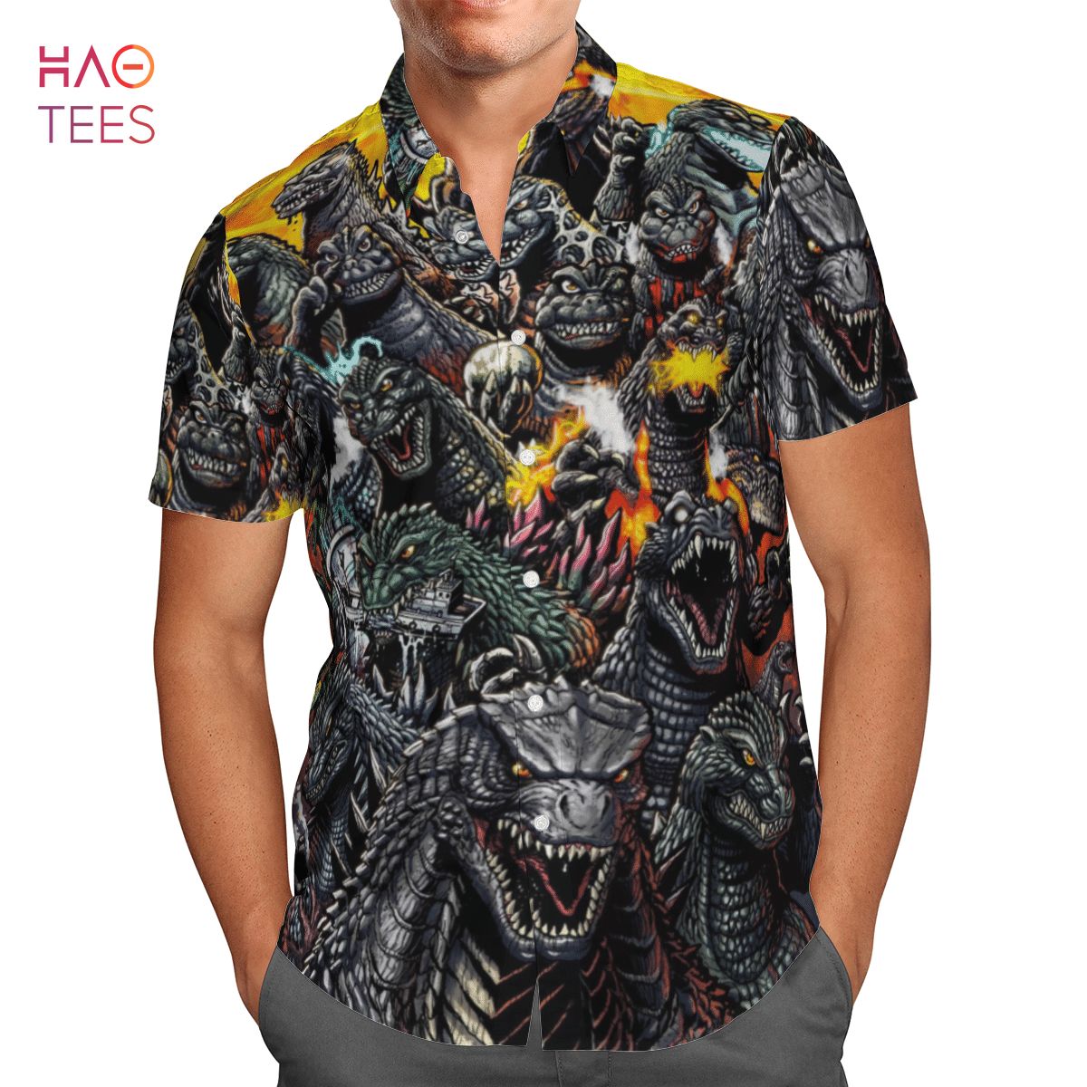 Godzilla Surfing Funny Hawaiian Shirt