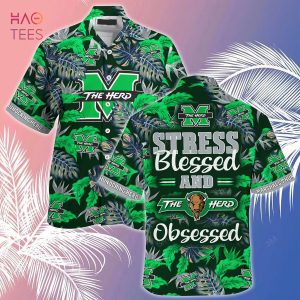 [LIMITED] Marshall Thundering Herd Summer Hawaiian Shirt And Shorts, Stress Blessed Obsessed For Fans