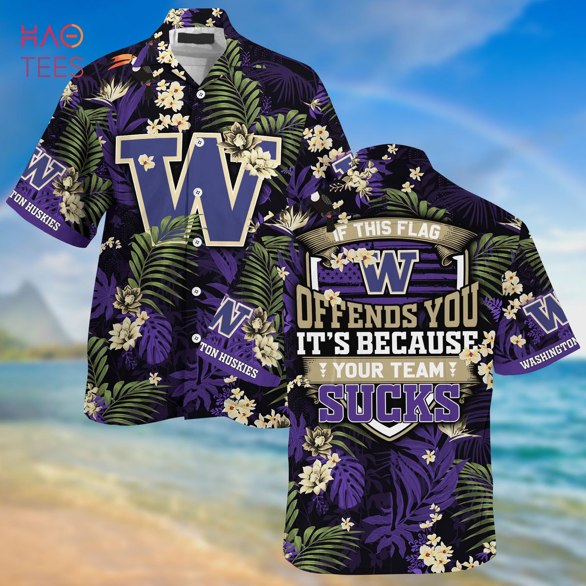[LIMITED] Washington Huskies Summer Hawaiian Shirt And Shorts,  With Tropical Patterns For Fans