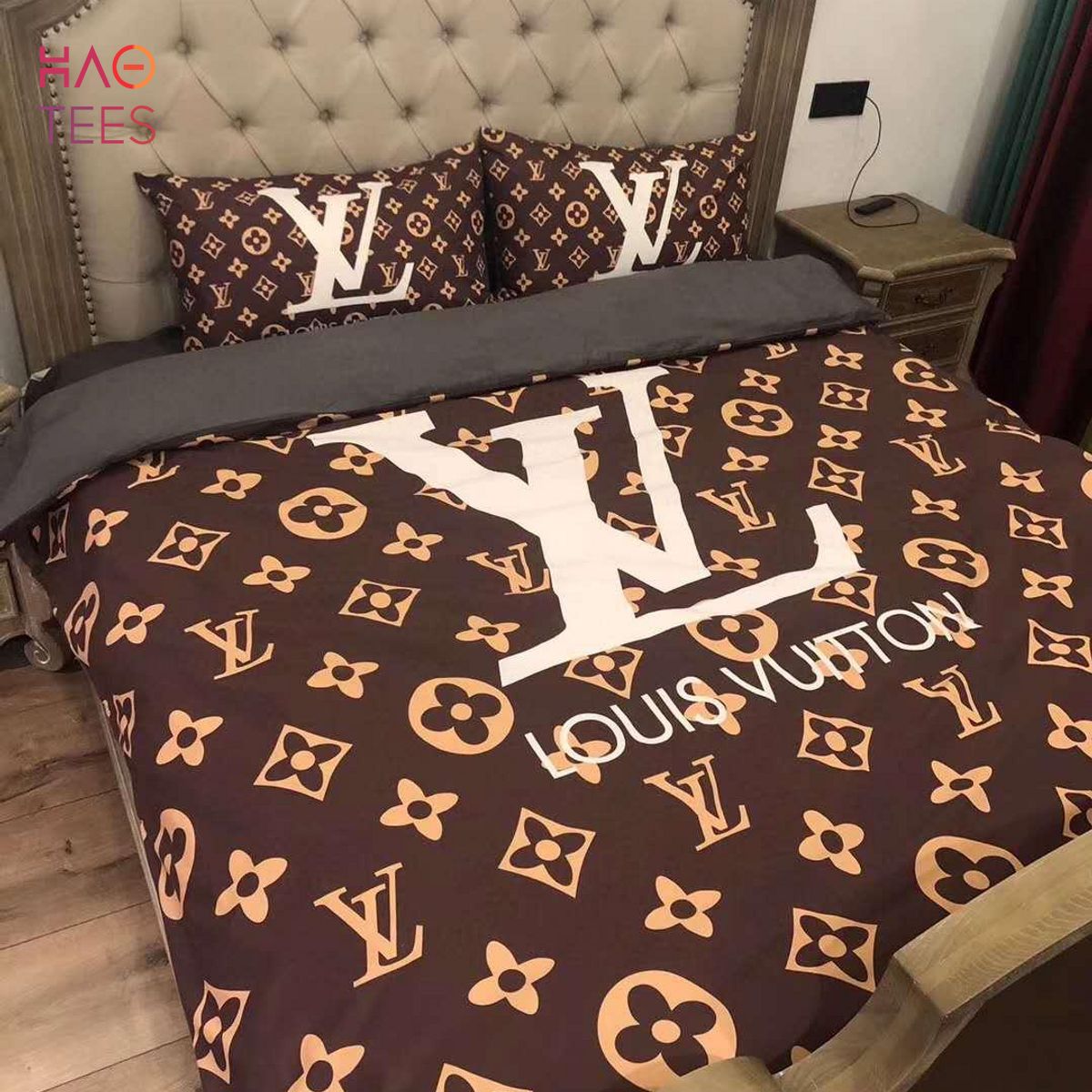 Louis Vuitton Flower Logo Pattern Green Background Bedding Set - Binteez