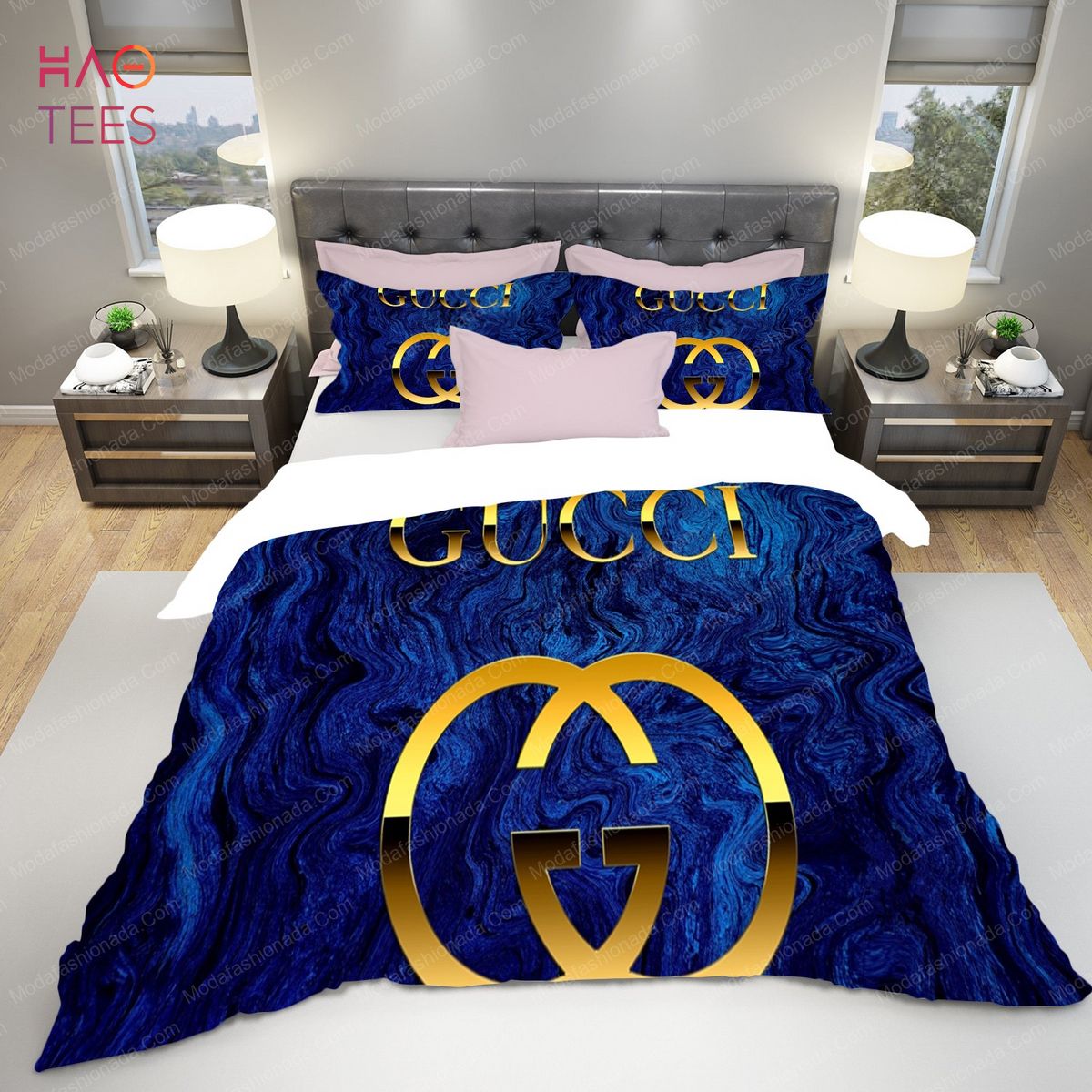 Gucci Word With Logo In Blue Background HD Brands Bedding Set