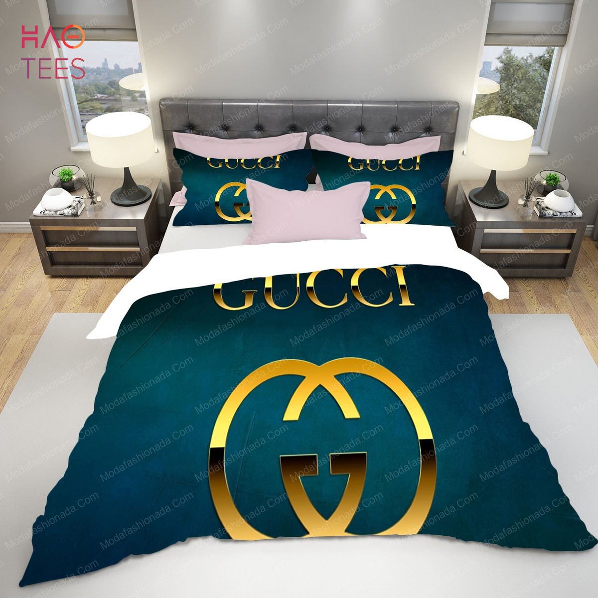 Gucci Word With Logo In Green Background HD Brands Bedding Set