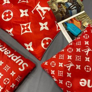 Luxury Louis Vuitton x Supreme Red Monogram Print Bedding Set