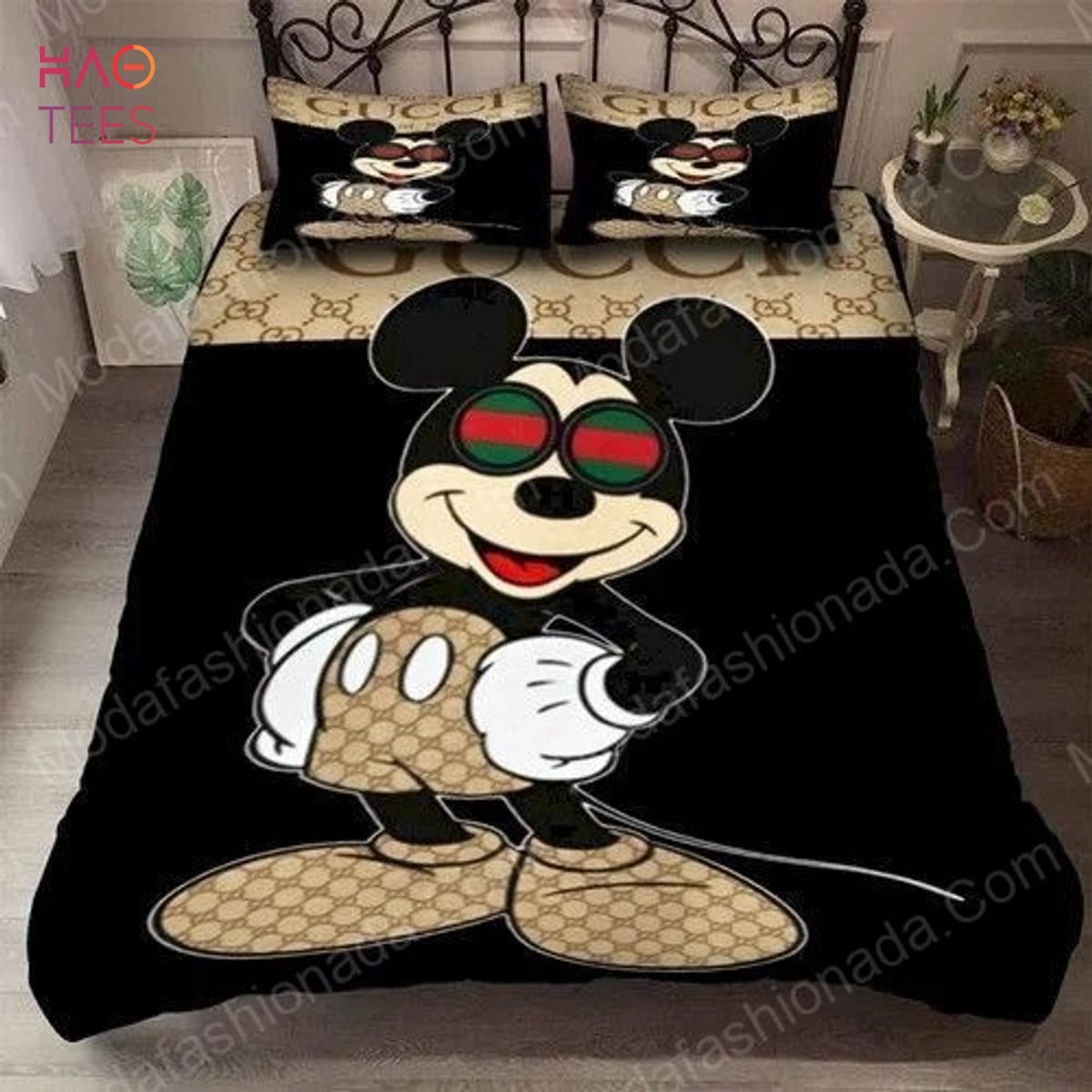Gucci And Disney Mickey Mouse And Minnie Mouse Monogram Background Bedding  Set