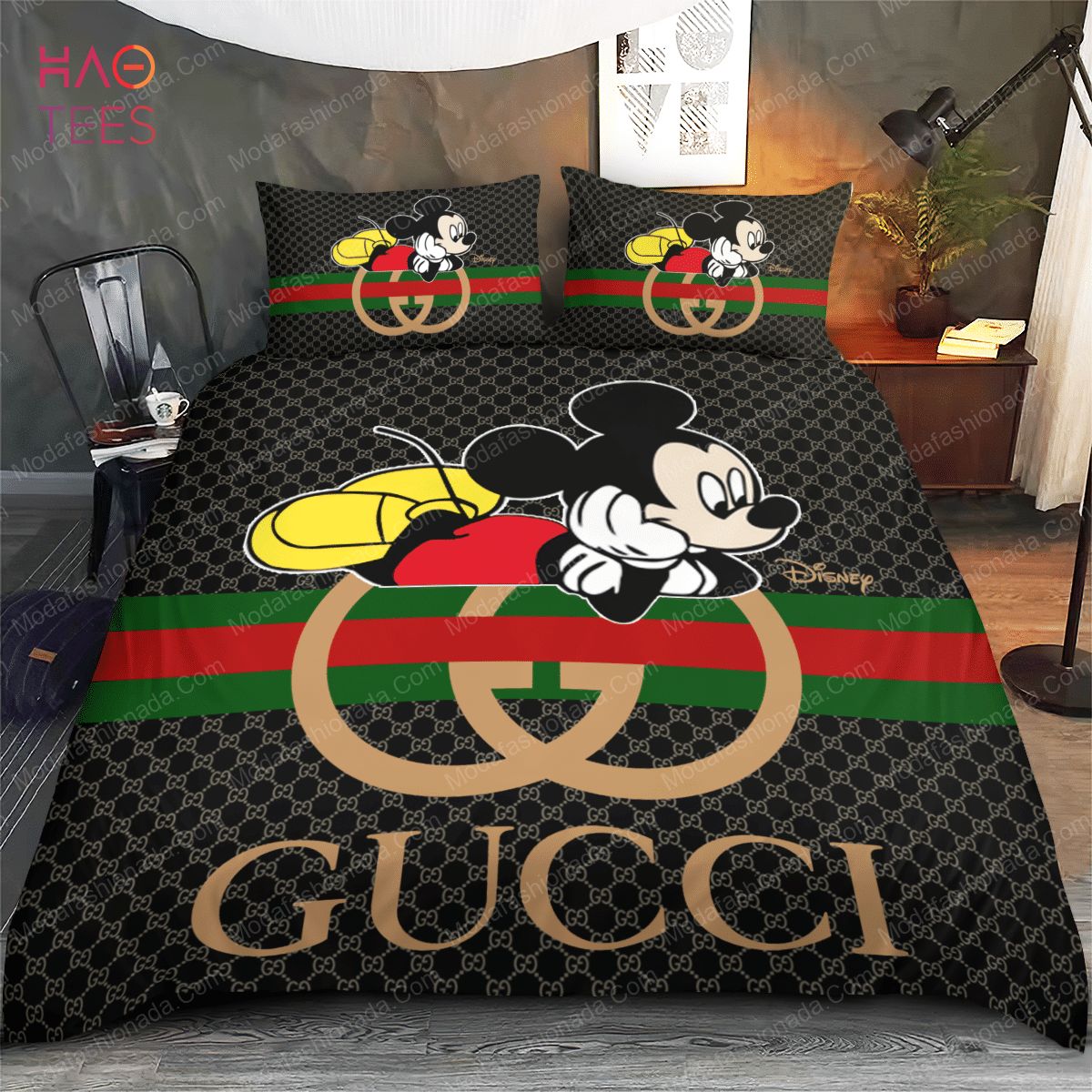 Gucci x Mickey Mouse Big Logo With Vintage Web In Signature Beige Monogram  Background Bedding Set King - Mugteeco
