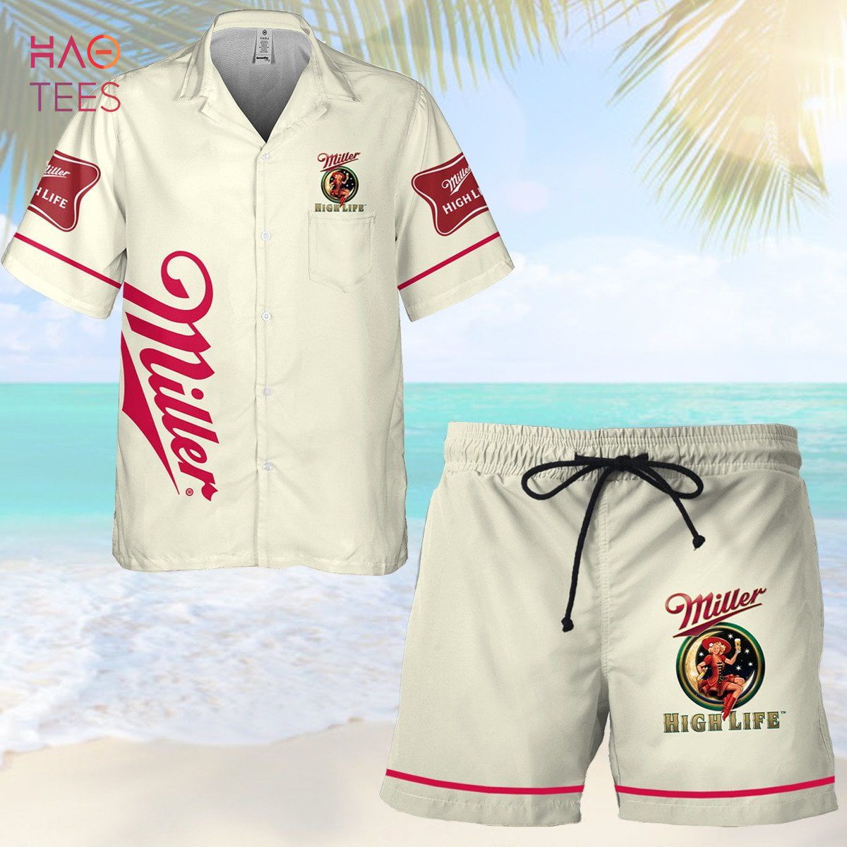Miller High Life All Over Print 3D Combo Hawaiian Shirt & Beach Shorts Miller High Life All Over Print 3D Combo Hawaiian Shirt & Beach Shorts