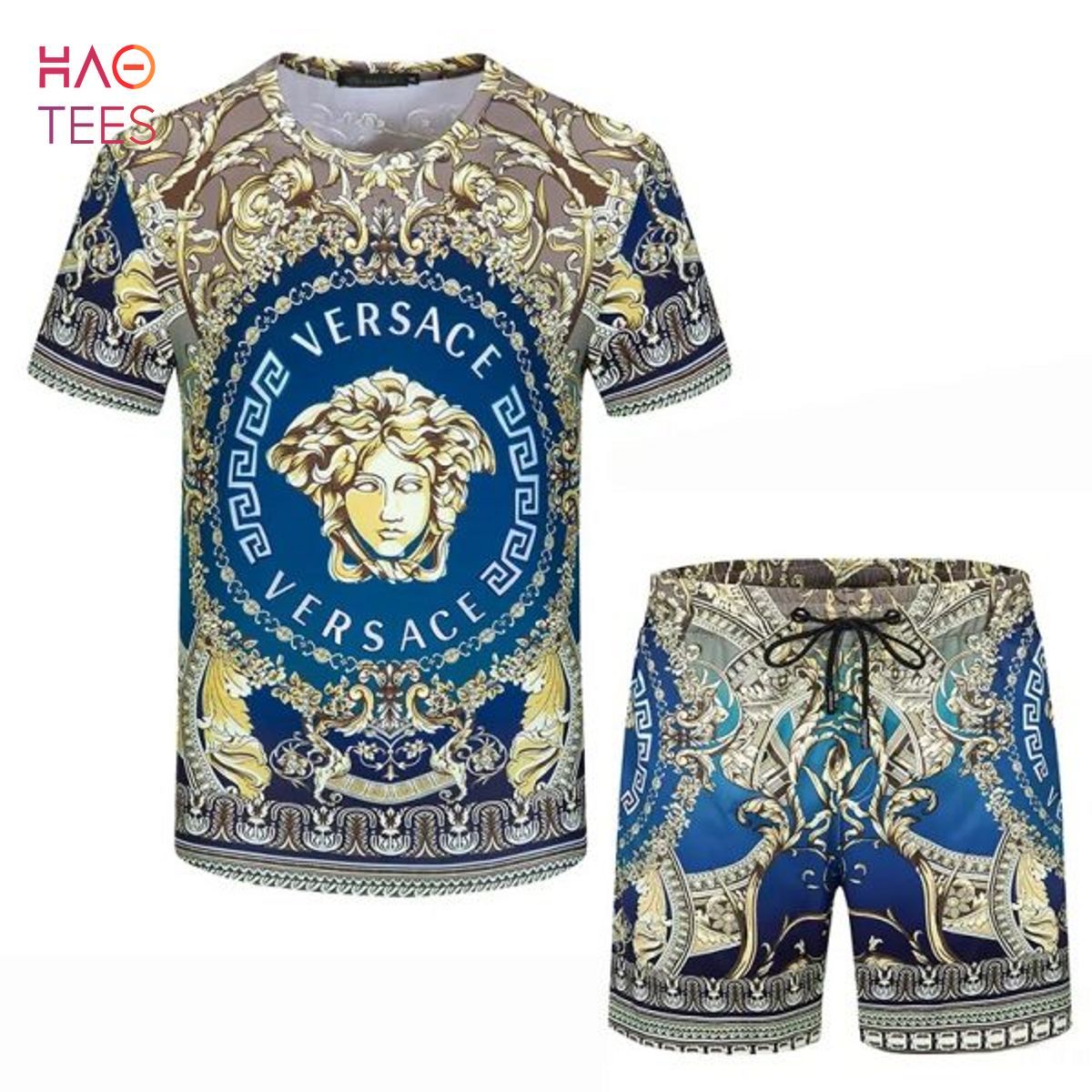 Versace Brand Luxury 2022 Hawaiian Shirt Beach Shorts and Flip Flops Combo