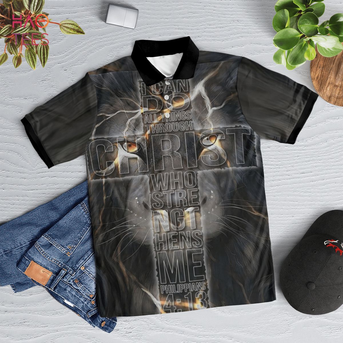 Jesus Lion I Can Do All Things Polo Shirt Black