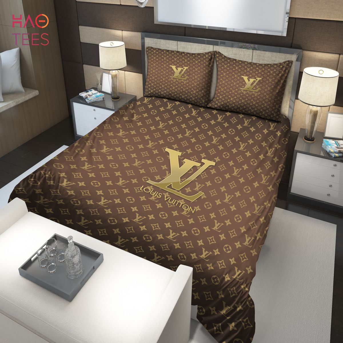 Gold Louis Vuitton Symbol Logo Bedding Sets Luxury Store