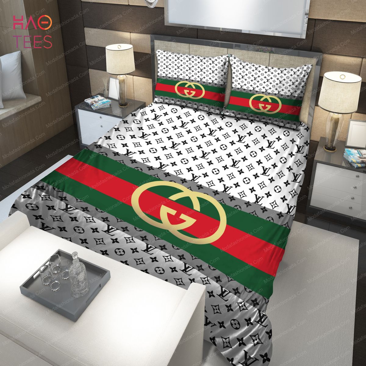 Louis Vuitton Big Logo With Colorful Icon With Grey Monogram Pattern In  White Background Bedding Set - Mugteeco
