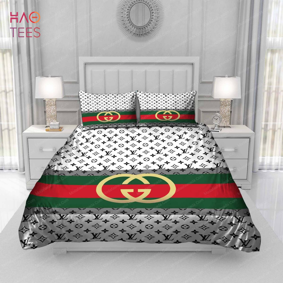 Louis Vuitton Big Logo With Colorful Icon With Grey Monogram Pattern In  White Background Bedding Set - Mugteeco