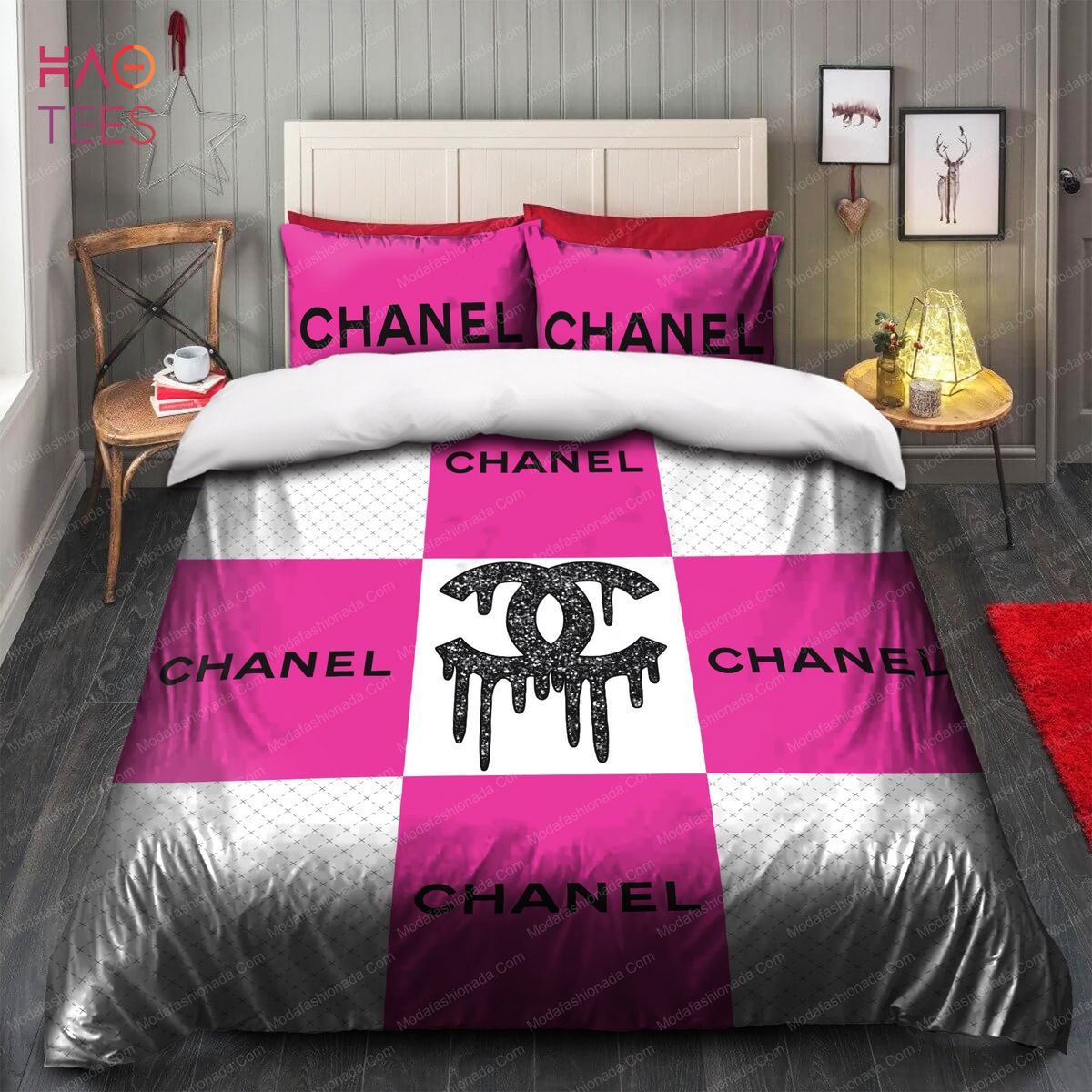 pink and black chanel bed comforter