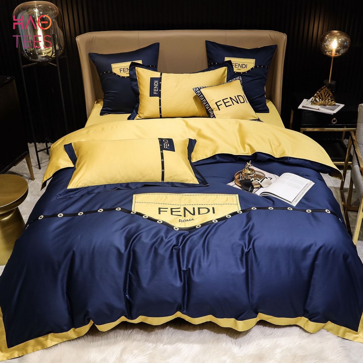 HOT Fendi Mix Blue Gold Luxury Color Bedding Sets