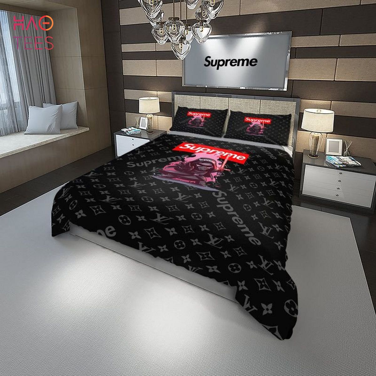 THE BEST LV Supreme Limited Edition Balck Mix Luxury Color Bedding Sets Luxury Store