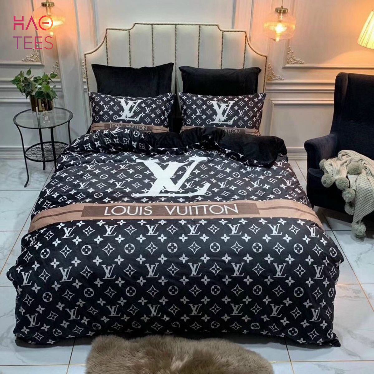 Louis Vuitton Blue And Black Logo Brand Bedding Set Bedspread