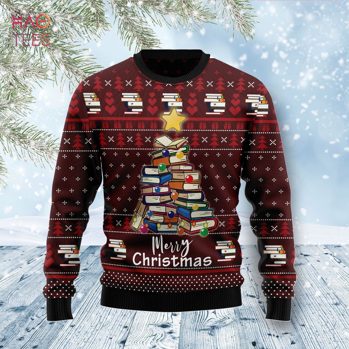Book Pine Merry Christmas Ugly Christmas Sweater