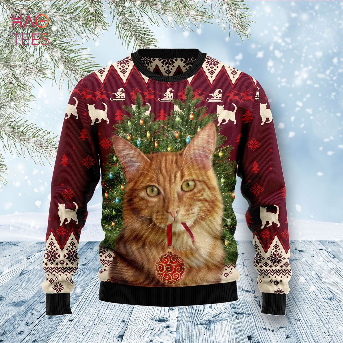 Cat Decor Pine Xmas Ugly Christmas Sweater