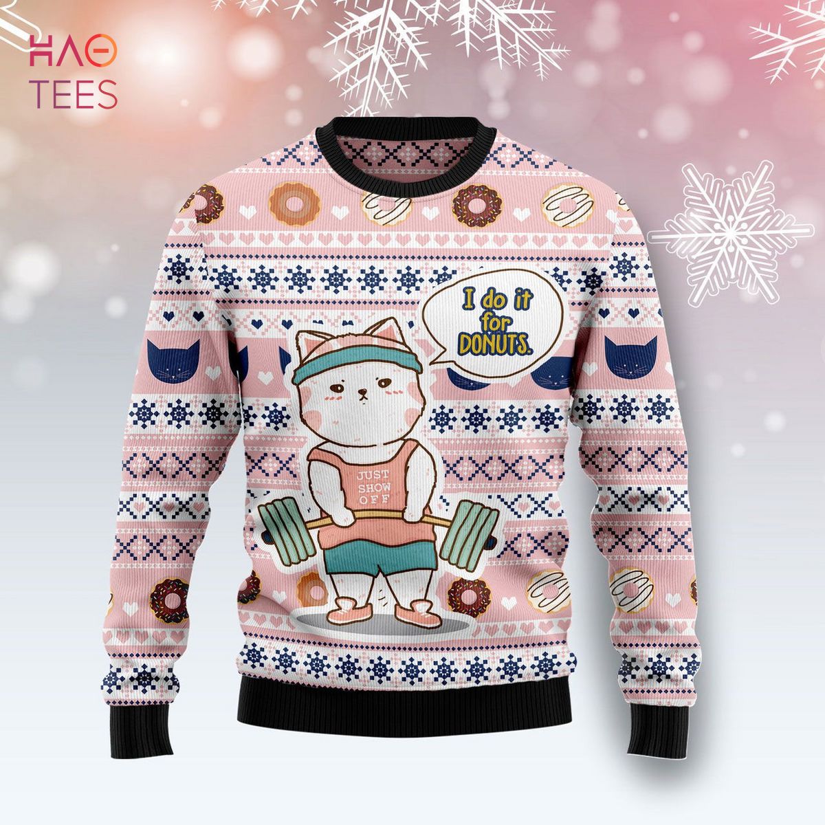 Cat I Do It For Donuts Ugly Christmas Sweater