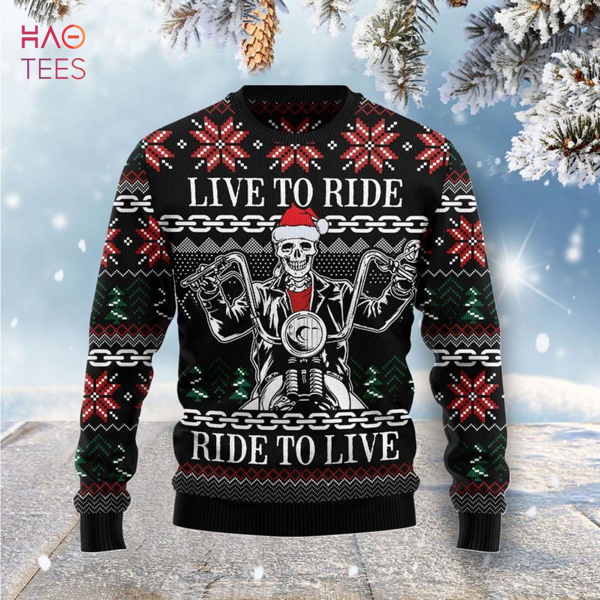 Live To Ride Motorbike Skeleton Ugly Christmas Sweater