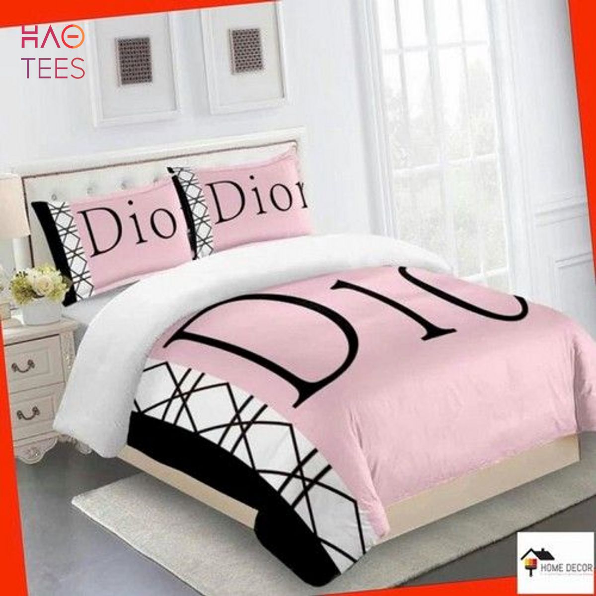 Dior Black Logo Mix Full Pink Color Luxury Brand Bedding Set